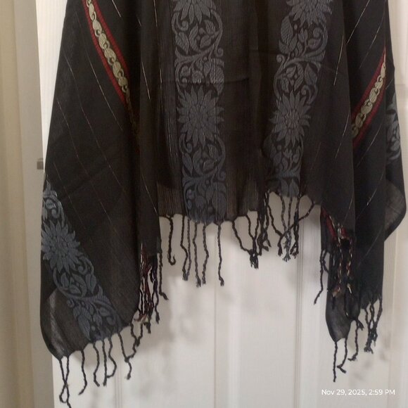 Black Stole Scarf Grey Red Floral Paisley Embroidery - Picture 2 of 6